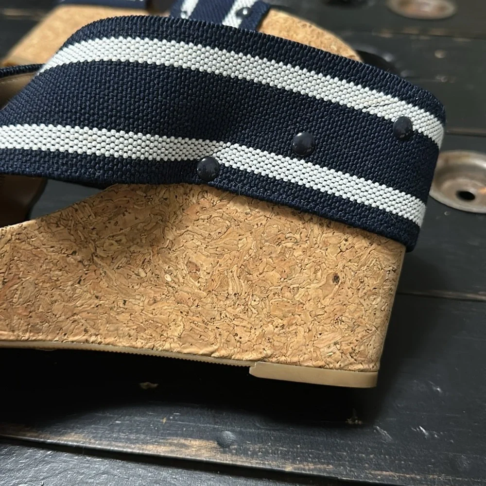 Lucky Brand Miller 2 Navy and White Striped Elastic Cross Strap Cork Wedges